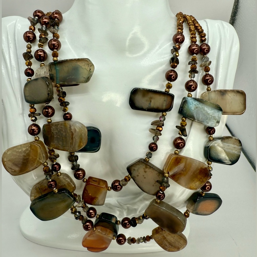 Chunky Multistrand Polished Agate Statement Necklace w Faux Pearl & Crystal AB